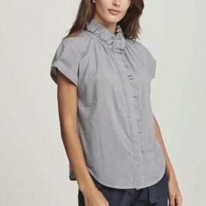 NEW Sundays Leah Shirt Navy Blue White Stripe Short Sleeve Ruffle Button Down S